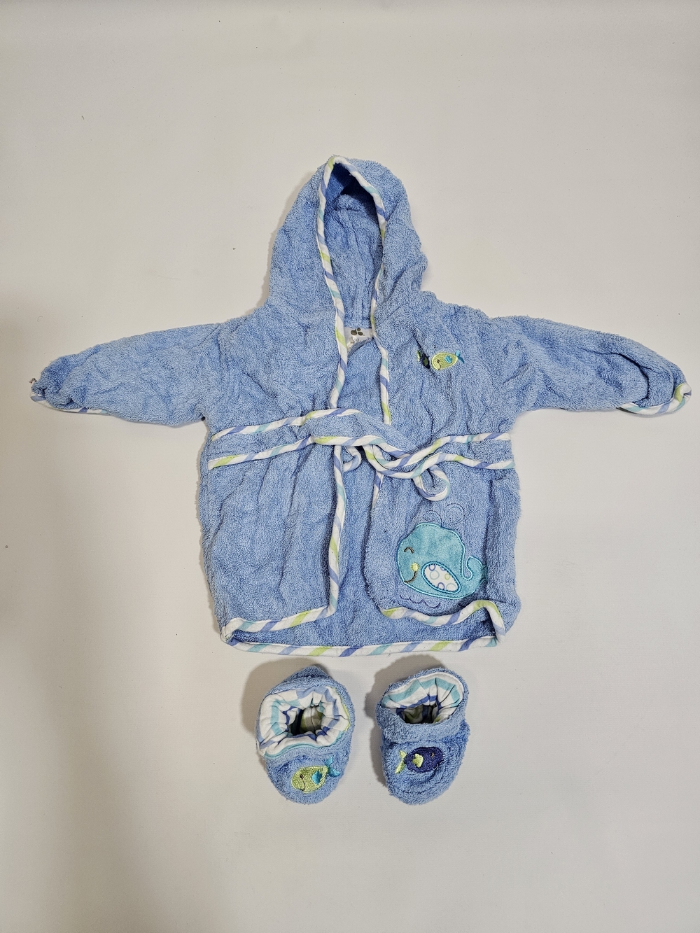 Baby Blue Hooded Towel Robe with Matching Booties 0-9 months